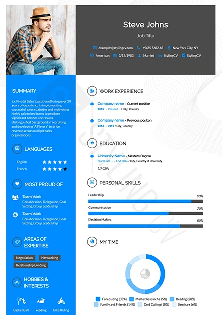 A bright and colorful resume template. Be seen by the recruiters instantly with a diverse list of colors 